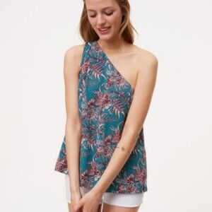 Loft Teal & Red Floral One Shoulder Lined Blouse Size Large